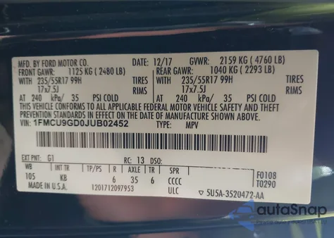 2018 Ford Escape Se z USA, uszkodzony, nr VIN 1FMCU9GD0JUB02452